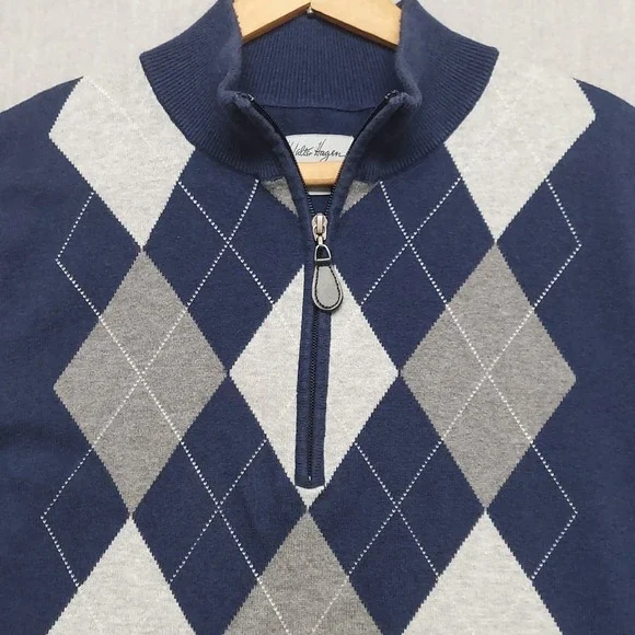 Walter Hagen Sweater Vest Men L 1/4 Zip Argyle Knit Blue Golf Preppy Classic - Picture 2 of 11